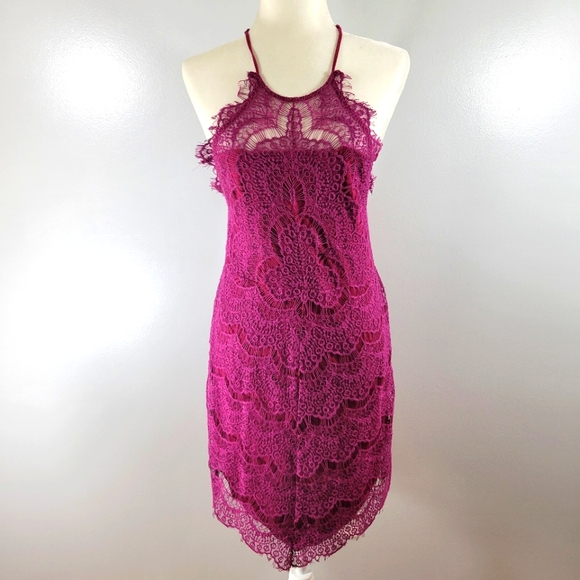 INTIMATELY FREE PEOPLE magenta lace racerback delicate bodycon dress - Picture 3 of 14
